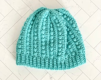 Crochet Textured Beanie, Aqua/Cyan, Handmade Hat, Teen/Adult, Gifts Under 30, Limited Supply