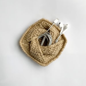 Crochet Device Pouch, Cute Coin Purse, Small Square Trinket Pouch, Beige Ear Bud Case, Mini Cord Pouch, Limited Supply, Gifts Under 30