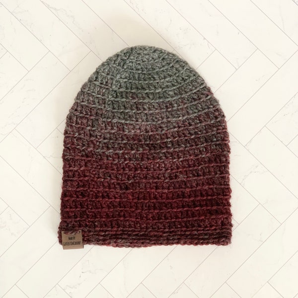 Crochet Ombre Beanie, Wine Red/Burgundy & Charcoal Grey, Teen/Adult, Handmade Hat, Wool Toque, Limited Supply, Gifts Under 30