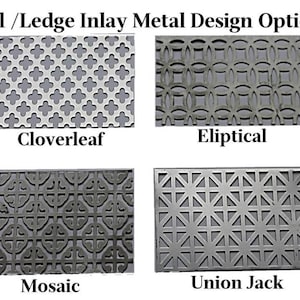 May include: Four different metal inlay designs for mail or ledge: Cloverleaf, Elliptical, Mosaic, and Union Jack. Each design is shown in a square image.