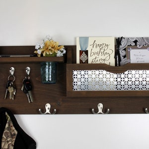 Entryway Organizer, Wood Shelf, Floral Vase, Mail Organizer, Coat Rack, Key Hooks, Hallway Decor, Decorative Metal Inlay