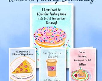 Watercolor Illustrated Birthday Greeting Card Set, 4-Card Set