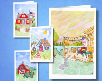 Comforts of Home – Cottagecore Stationery Set | Country Farmhouse Scene Greeting Cards 5-Pack