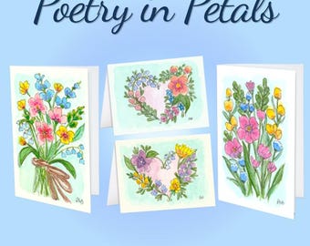 Poetry in Petals All-Occasion Greeting Cards  | Floral Watercolor Bouquet 4-Pack Card Set