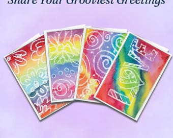 Groovy Greetings Retro Greeting Cards 4-Pack | Rainbow Tie Dye Doodles