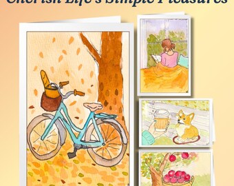Ensemble de cartes de vœux aquarelle | Impressions d'art « Plaisirs simples » (4 cartes + enveloppes)