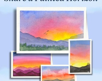 Sunset Watercolor Horizon Greeting Cards  (5-Pack) |Painted Horizons Hand-Designed Cards,