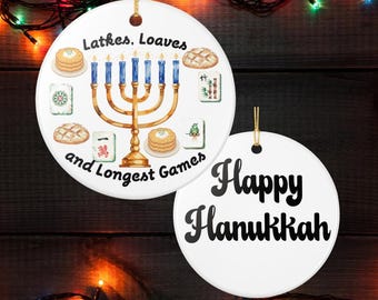Latkes, Loaves and Longest Games Ceramic Ornament | Hanukkah Menorah Mahjong Sourdough Ornament, Jewish Gift, Hanukkah Gifts, Mahjong Lover