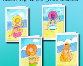 Ensemble de 4 cartes de vœux illustrées à l'aquarelle sur le thème des meilleures amies à la plage
