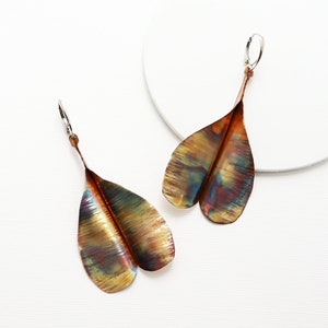 Copper Leaf Hoop Earrings, Boho Dangle Earrings, Gyspy Earrings, 7th Year Copper Anniversary, Bohemian Earrings, Flame Colored Copper Hoops
