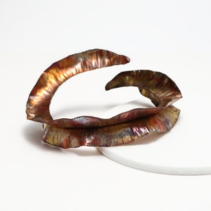 Puede incluir: Un par de esculturas de metal de color cobre en forma de hojas, con una superficie ondulada y texturizada. Las esculturas están dispuestas en forma de curva, con una hoja superpuesta a la otra.