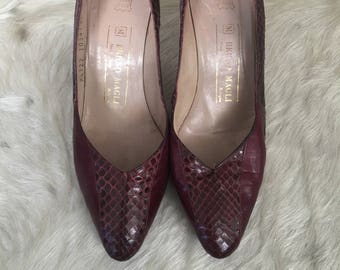 Vintage 80's Bruno Magli leather and snakeskin pumps - Burgundy