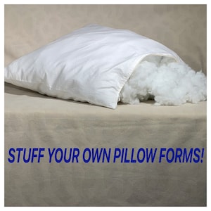 May include: A white pillow form with an open zipper, revealing fluffy white stuffing. The pillow is on a neutral-toned surface. Text in blue at the bottom reads: "STUFF YOUR OWN PILLOW FORMS!"