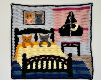 Goodnight Kitty Crochet Tapestry Pattern / Wall Hanging / Wall Art / Instant Download / Decor / Vintage / Cute / Cats