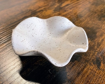 Handmade Clay Ceramic Matte White Wavy Delicate Ring Dish