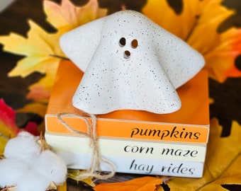 May include: A white ceramic ghost figurine with speckled detailing sits on top of a stack of three books. The books are labeled "pumpkins", "corn maze", and "hay rides". The books are surrounded by fall leaves in shades of orange and yellow.