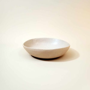 May include: A white ceramic bowl with a speckled finish. The bowl is round and shallow, with a slightly curved rim.