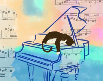 Black cat on grand piano with music collage pastel colour background. Music Classrooms. Music Centre. Music teacher