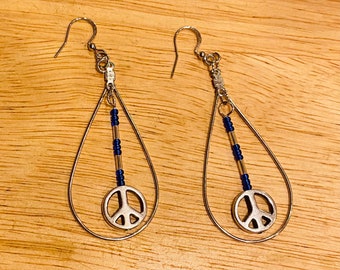 Blue & Silver Peace Sign Teardrop Earrings