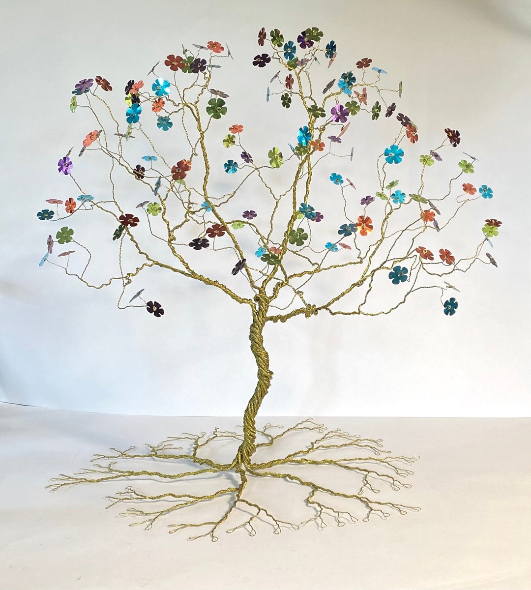 Golden Wire Tree Sculpture With Flowers Etsy
