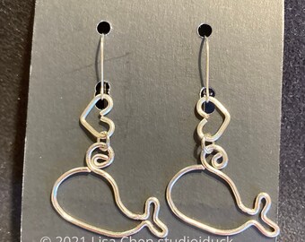 Whale & Heart earrings with 925 sterling silver ear wires Handmade in USA