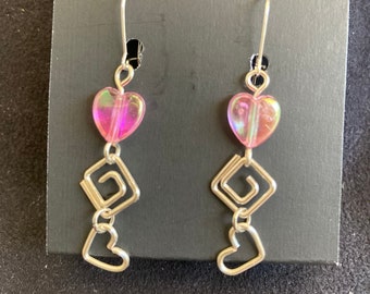 Pink Heart & Wire earrings with 925 sterling silver ear wires Handmade in USA