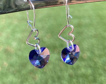 heart earrings- Silver & Purplish/blueish/tanzanite-colored crystal hearts Handmade in USA