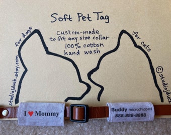 Soft Pet ID Tags, comfy 100% cotton, for cats, dogs (package of 2) any size Handmade in USA