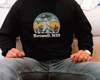 Sudadera unisex con cuello redondo y diseño divertido de platillo de abducción extraterrestre OVNI de Roswell, Nuevo México, regalo para papá