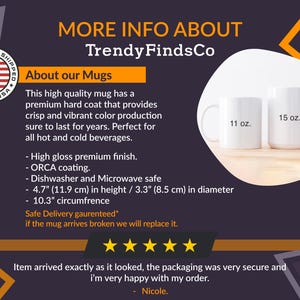 The image is a promotional graphic for a company called "TrendyFindsCo", featuring two white mugs with text describing their features. The mugs are described as having a premium hard coat, high gloss finish, ORCA coating, dishwasher and microwave safe, and a 10.3 circumference. The image also includes a rating of 5 stars from a customer named Nicole, indicating their satisfaction with the product.