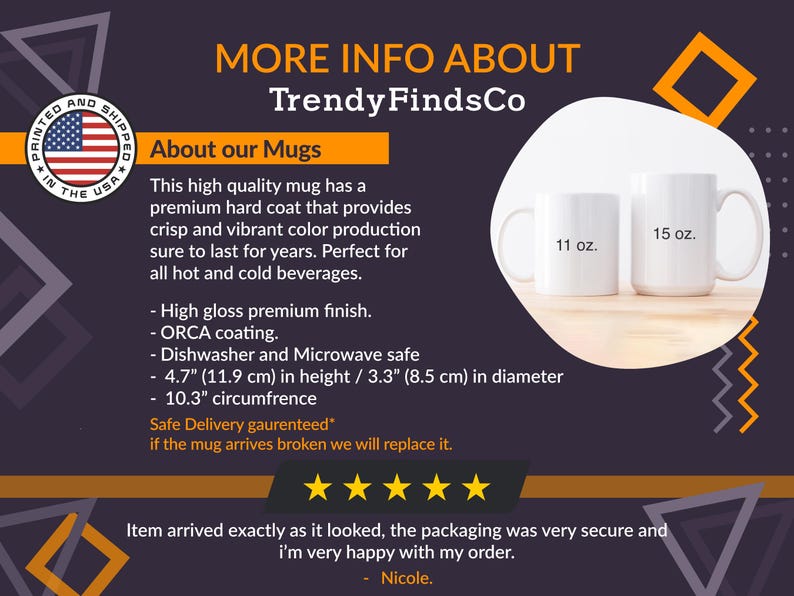 The image is a promotional graphic for a company called "TrendyFindsCo", featuring two white mugs with text describing their features. The mugs are described as having a premium hard coat, high gloss finish, ORCA coating, dishwasher and microwave safe, and a 10.3 circumference. The image also includes a rating of 5 stars from a customer named Nicole, indicating their satisfaction with the product.
