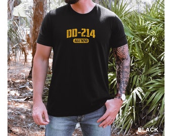 May include: Black t-shirt with a gold graphic that says "DD-214 ALUMNI".