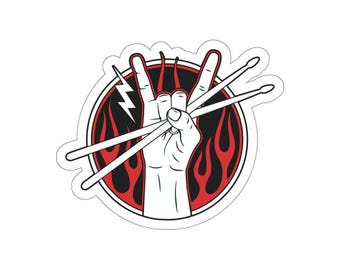 Letrero de rock and roll con baquetas, regalo para baterista, músico, interior, exterior, portátil, botella de agua, coche, pegatinas troqueladas