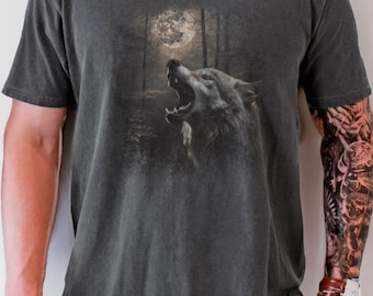 Camiseta unisex con colores COMFORT, camiseta retro con lobo aullando, lobo lunar, camiseta de acampada natural, ropa de lobo, regalo para amantes de los lobos