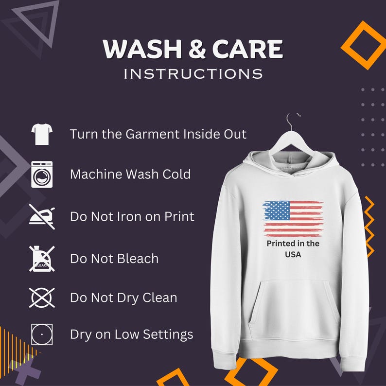 a white hoodie with instructions to wash and care instructions