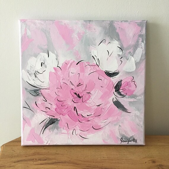 Original Acryl Blumen Malerei Auf Leinwand Rosa Grau Etsy