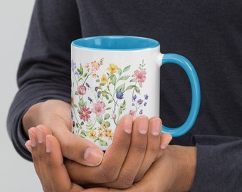 sublimation mugs, white ceramic mug with color inside, wrap around mug, spring sublimation designs, floral design, flower mug