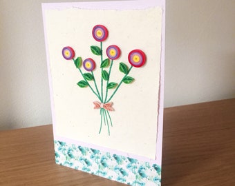 Quilled folk style flowers greetings card for birthday, wedding, baby shower