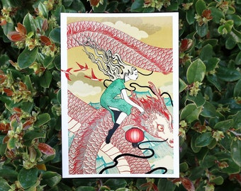 Art Postcard - Girl Riding Dragon - Gift for Her - Asian Inspired Whimsical Fairytale Wonder Lantern Dragon Postcards