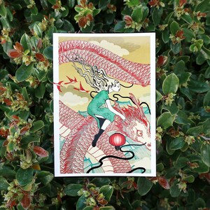 Art Postcard - Girl Riding Dragon - Gift for Her - Asian Inspired Whimsical Fairytale Wonder Lantern Dragon Postcards