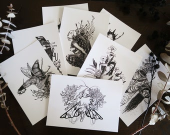 Black and White Surreal Postcard Set of 8 Illustration Art