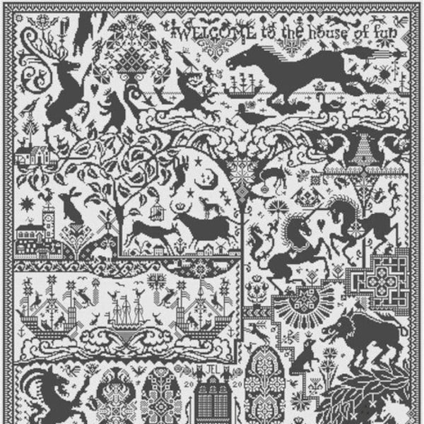 LONG DOG SAMPLERS "The House of Fun" • Counted Cross Stitch Pattern • Classic Norfolk Sampler, Pattern Only