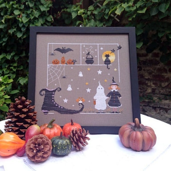 COULEUR D'ETOILE "A Candy or a Spell" Counted Cross Stitch Pattern, Halloween, Trick or Treat, Autumn, Witch, Ghosts, Made in France