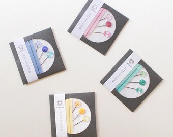 COHANA "OHAJIKI Sewing Pins", Set of 3, Handmade, Coin-Shaped Glass Beads Adorn These Needle-Sharp Pins,  Made in Japan