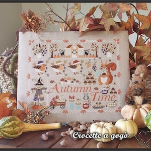 Crocette A Gogo  •  "Autumn Time" • Counted Cross Stitch Pattern • Fall, Scarecrow, Pumpkins, Squirrel, Paper Pattern