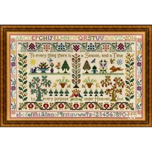 May include: Cross-stitch pattern featuring a colorful alphabet, numbers, and the quote "To every thing there is a Season, and a Time to every purpose under Heaven: Eccl."