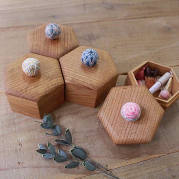 COHANA "Hexagonal Temari Wooden Box", Sewing Box, Temari Ball, Cherry Wood, Small Box 4.3"w x 3"h x 4"d, Made in Japan