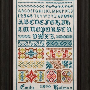 Hands Across The Sea Samplers &quot;Emilie Kalwar 1890&quot; Counted Cross Stitch Pattern, Reproduction Sampler, Paper Booklet