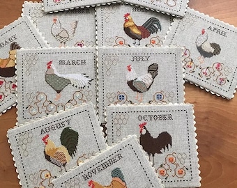 TWIN PEAK PRIMITIVES "Coop Almanac" Counted Cross Stitch Pattern, Hens, Roosters, Yearly Calendar, Pattern Only