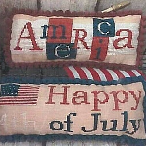 MANI DI DONNA &quot;America & 4th of July Pillows&quot; Counted Cross Stitch Pattern plus Dinky Dyes Silk Pack (3 skeins), Americana, Patriotic